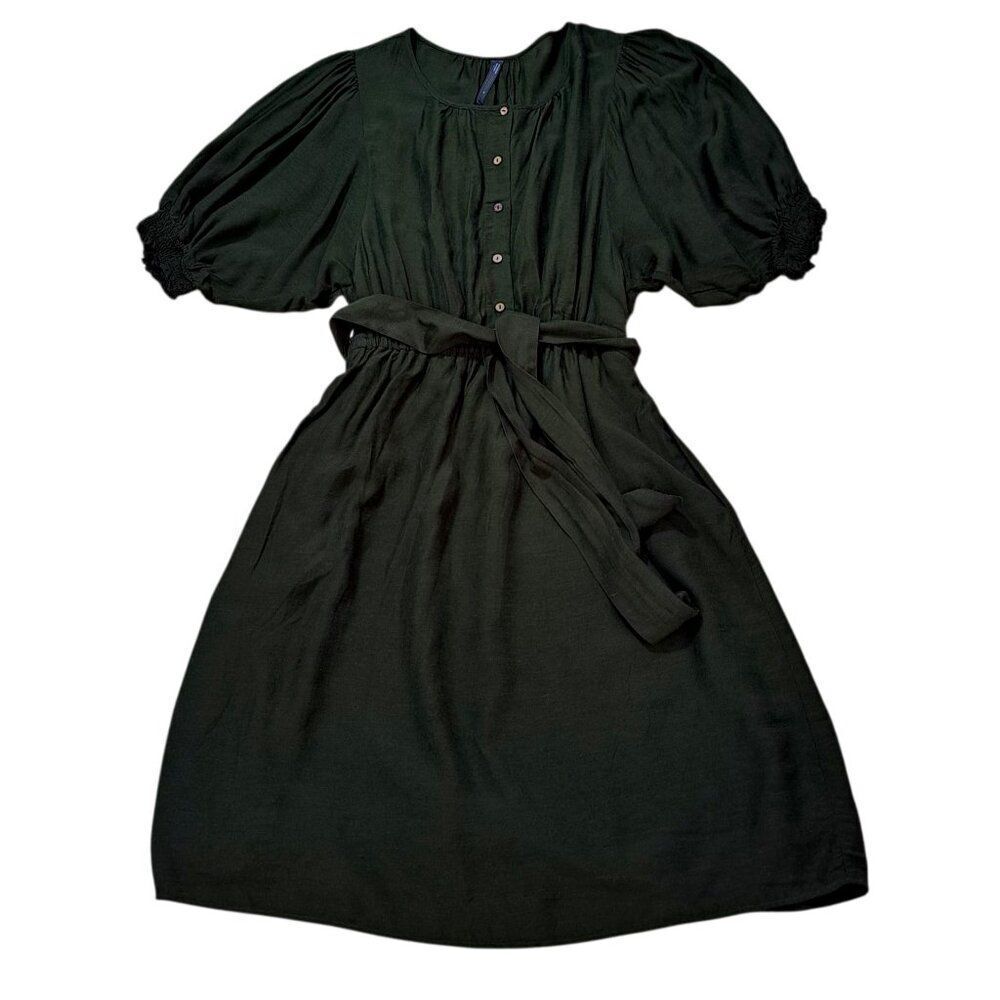 Anthropologie Women's Nicole Puff Sleeve Shirt Dress Forest Green Pockets Sz M